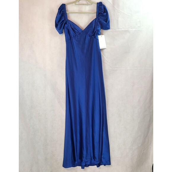 New MAC DUGGAL 68332 (8) Sapphire Blue Satin Puff Sleeve Open Back Formal Dress - Picture 2 of 15